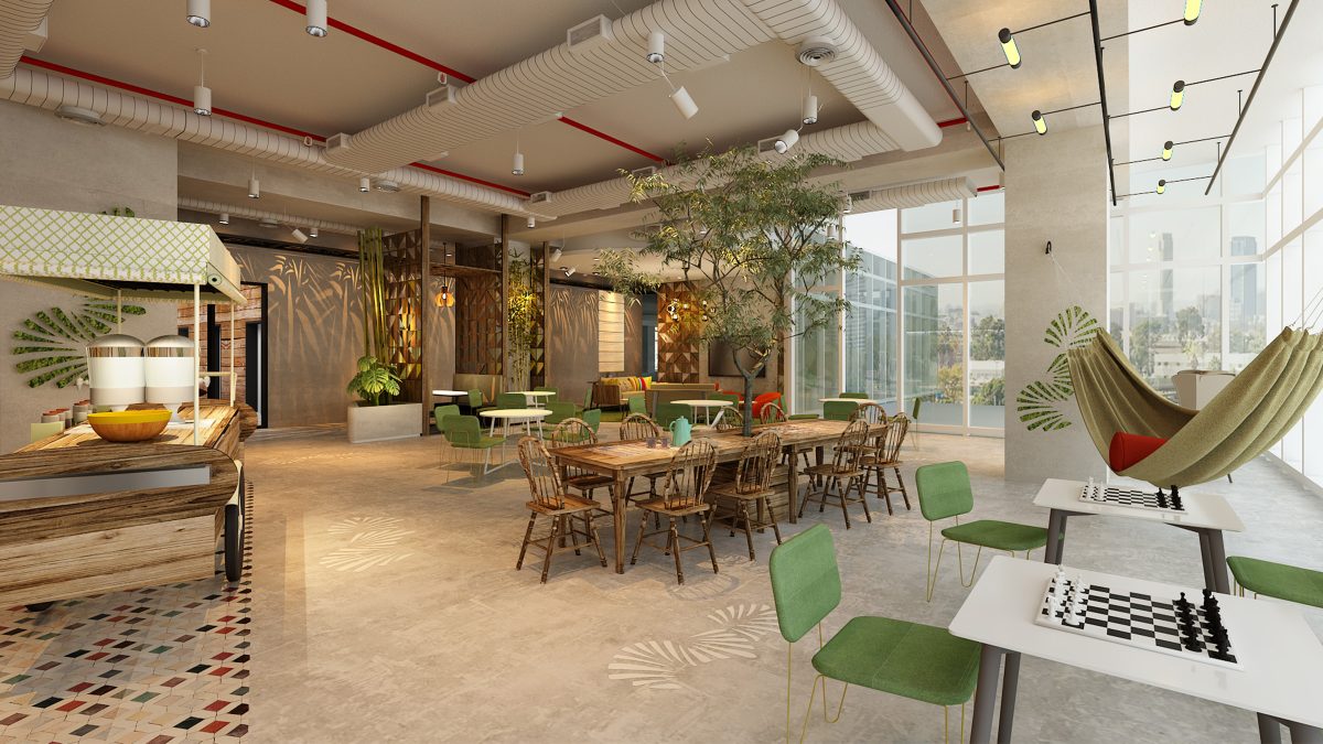 breakout area with tables, games and hammock