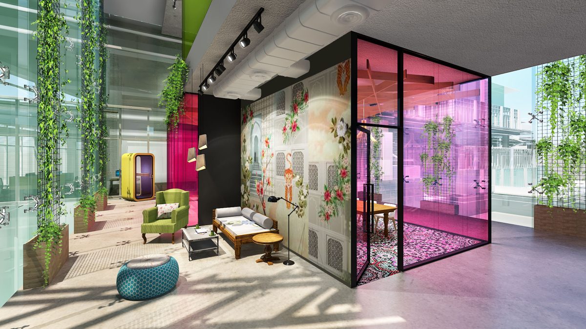 soft seating, single booth, plants and meeting room