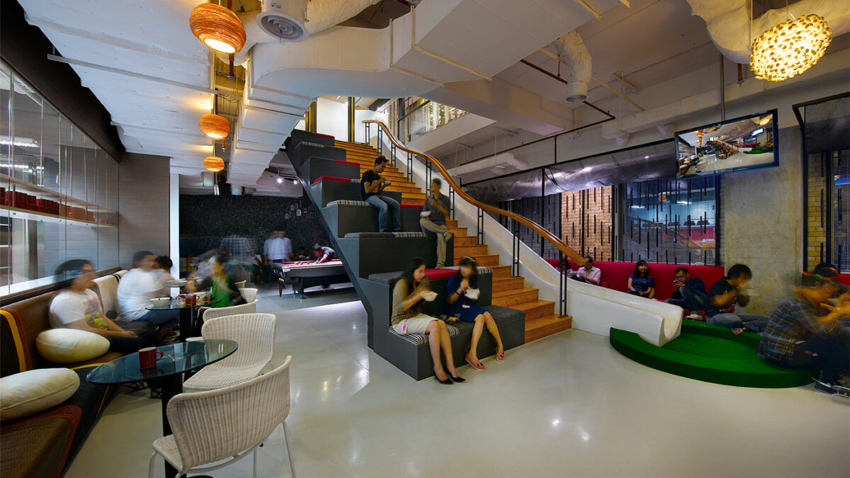 people on staircase, playing games and socialising